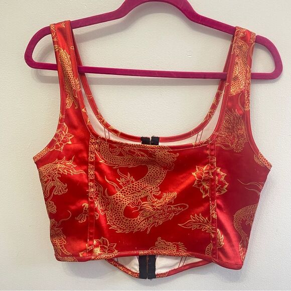 Motel Elci Corset Top XL In Dragon Flower Red Gold Crop Top - Picture 3 of 10